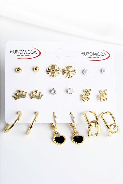 EUROMODA طقم أقراط مكون من 9 قطع مع تاج الملك ونقش الثلج على شكل قلب وتصميم الأفعى وخاتم الزركون اللؤلؤي وأقراط الكرة