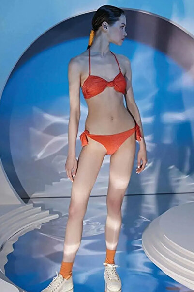 Bonesta Parlak Kumaş Turuncu Straplez Bikini Takımı