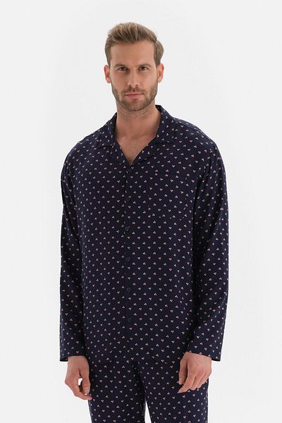 Dagi Marineblaues Pyjama-Oberteil aus Viskose mit Hemdkragen und Meterware