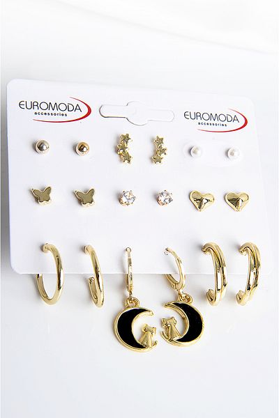 EUROMODA مجموعة أقراط مكونة من 9 قطع بتصميم نجمة وقلب على شكل فراشة القمر والقطط مع حلقة من الزركون اللؤلؤي وأقراط كروية