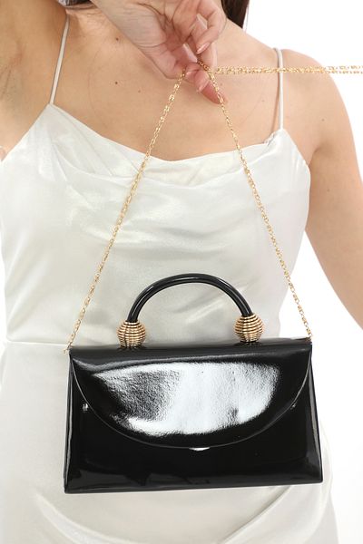 womenacs Rochie de seară din piele lacuită strălucitoare de culoare neagră Geantă pentru femei pentru mână și curea lungă (curea cu lanț)