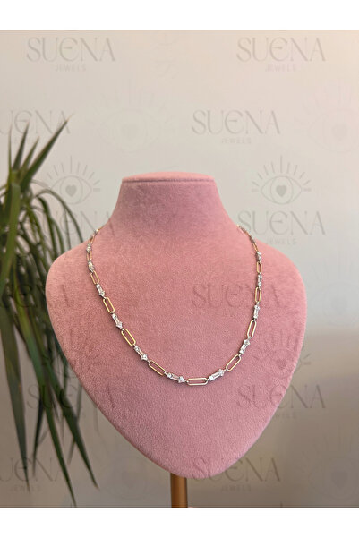 suena 925 Ayar Gümüş Kolye Gold Ataç Zincir Beyaz Zirkon Taş Detaylı Kolye