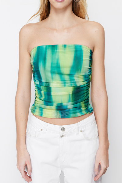 Trendyol Collection Green Abstract Strapless Lined Draped Fitted/Body Fitted Tulle Knitted Blouse Twoss24Bz00196