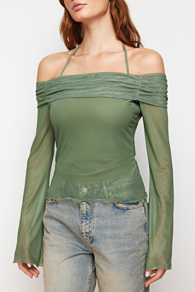 Trendyol Collection Khaki Color Flare Sleeve Knitted Blouse - Madonna Collar with Tie Detail TWOSS24BZ00046