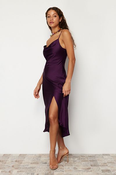 Trendyol Collection Rochie de seară elegantă din satin țesut cu căptușeală mov Rochie de absolvire de noapte TPRSS19BB0058