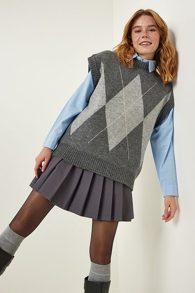 Happiness İstanbul Grey Baklava Patterned Knit Sweater FN03170