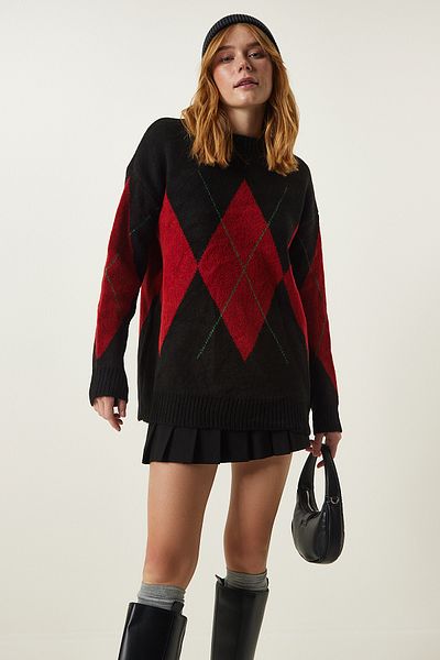 Happiness İstanbul Schwarz-roter Premium-Übergrößen-Strickpullover mit Baklava-Muster FN03163