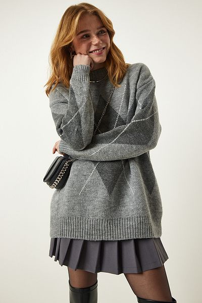Happiness İstanbul Mid Gray Premium Baklava Patterned Oversize Knit Sweater FN03163