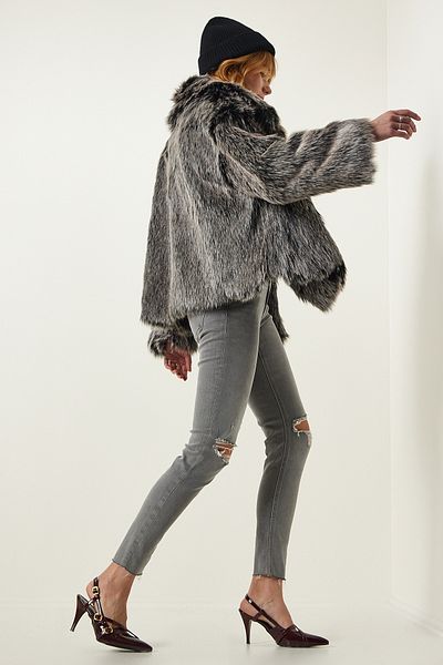 Happiness İstanbul Grey Premium Wide Collar Faux Fur Jacket FN03169