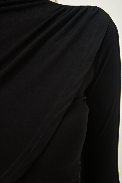 Happiness İstanbul Fekete húzózsinór részletes álló galléros blúz CE00092