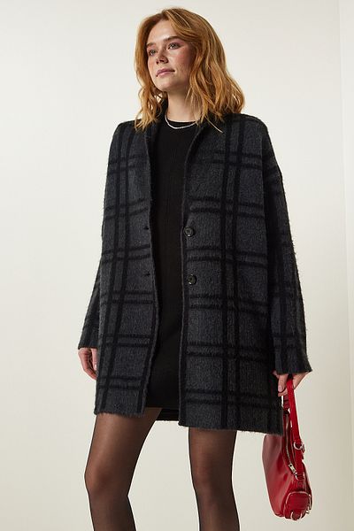 Happiness İstanbul Dunkelgrau karierte Strickjacke PF00061