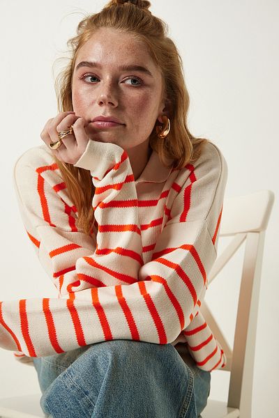 Happiness İstanbul Orangefarbener Kurz-Strickpullover mit Polokragen für Damen US00293