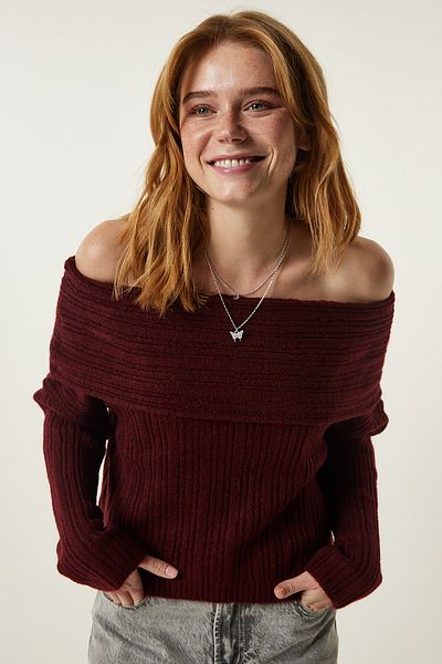 Happiness İstanbul Kastanienbrauner Strickpullover mit Madonna-Kragen PF00049