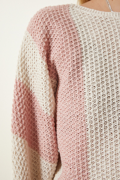 Happiness İstanbul Πουλόβερ Κρέμα Πούδρα Ριγέ Εποχιακά Πλεκτά MC00254