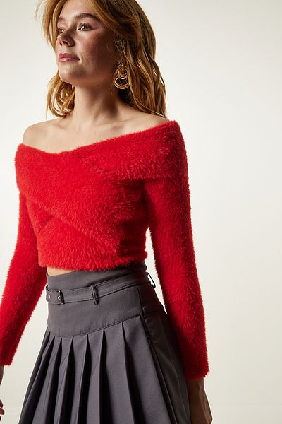 Happiness İstanbul Πλεκτό πουλόβερ Pomegranate Flower Cross Collar Bearded Crop MT00148