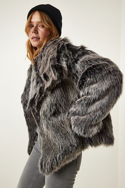 Happiness İstanbul Grey Premium Wide Collar Faux Fur Jacket FN03169