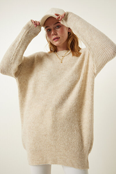Happiness İstanbul Cream Oversize Long Basic Knitwear Sweater BV00099