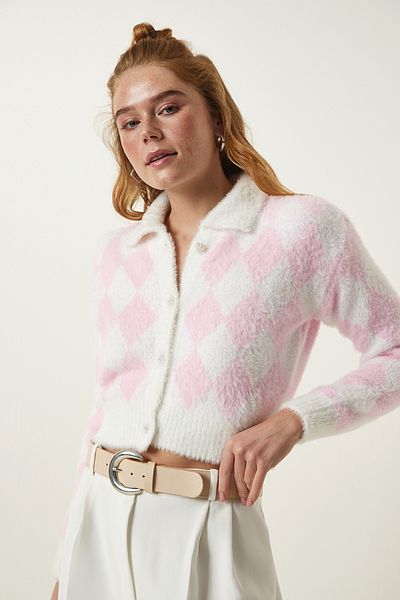 Happiness İstanbul Weiß-rosa gemusterter saisonaler kurzer Strickcardigan PF00066 mit Bart