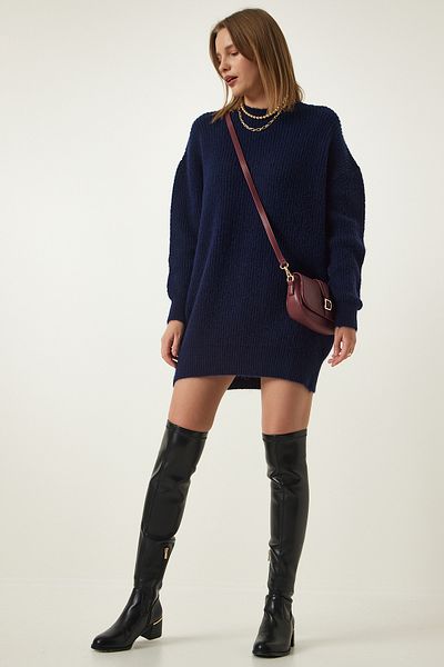 Happiness İstanbul Navy Blue Oversize Long Basic kötöttáru pulóver BV00099