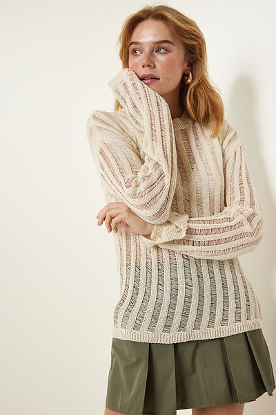 Happiness İstanbul Pulover crem ajurat pentru tricotaje sezoniere KG00010