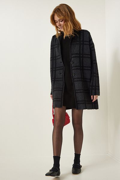 Happiness İstanbul Dunkelgrau karierte Strickjacke PF00061