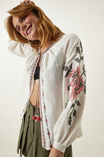 Happiness İstanbul Ecru detailně vázaná lněná halenka ES00146