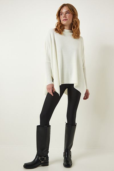 Happiness İstanbul Strick-Poncho-Pullover mit Stehkragen und Schlitz in Knochenform ZA00074