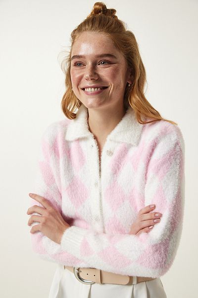 Happiness İstanbul Weiß-rosa gemusterter saisonaler kurzer Strickcardigan PF00066 mit Bart