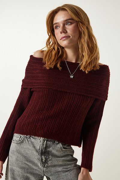 Happiness İstanbul Kastanienbrauner Strickpullover mit Madonna-Kragen PF00049