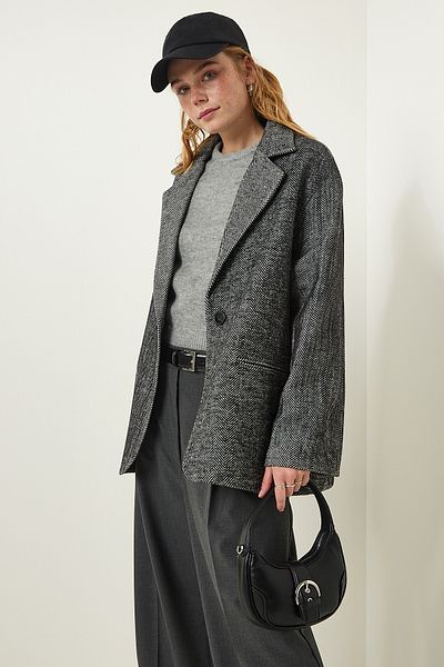 Happiness İstanbul Grey Premium Houndstooth Oversize Blazer Jacket FN03173