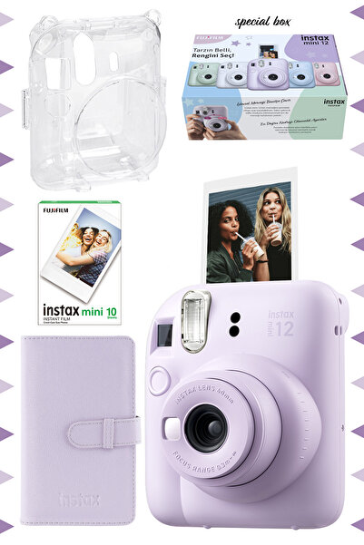 Fujifilm Instax mini 12 Lila Fotoğraf Makinesi-10'lu Film-Laporta Albüm ve Şeffaf Kılıf Seti