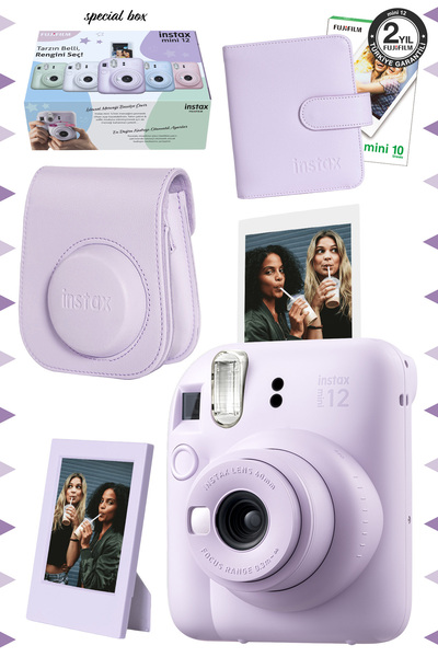 Fujifilm Instax mini 12 Lila Fotoğraf Makinesi-10'lu Film-Çerçeve-Kare Albüm ve Deri Kılıf Seti