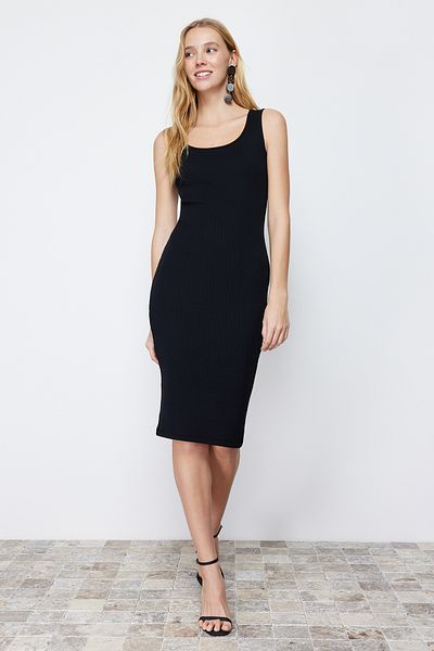 Trendyol Collection Μαύρος γιακάς πισίνας με ριγέ ελαστικό πλεκτό μίντι μολύβι φόρεμα TWOSS24EL00488