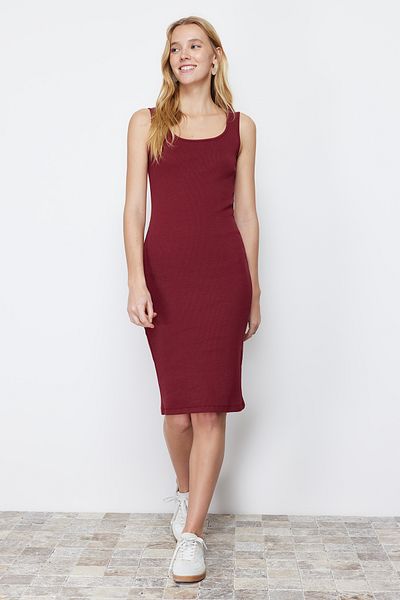 Trendyol Collection Rochie creion midi tricotată elastică cu guler roșu Claret TWOSS24EL00488