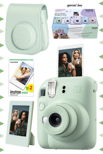Fujifilm Instax mini 12 Yeşil Fotoğraf Makinesi-20'li Film-Çerçeve ve Deri Kı...
