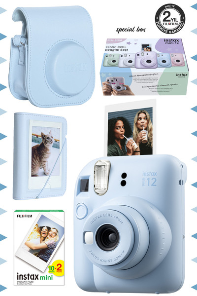 Fujifilm Instax mini 12 Mavi Fotoğraf Makinesi-20'lu Film-Mini Albüm ve Deri Kılıf Seti