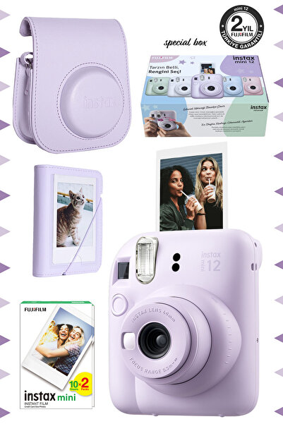 Fujifilm Instax mini 12 Lila Fotoğraf Makinesi-20'lu Film-Mini Albüm ve Deri Kılıf Seti