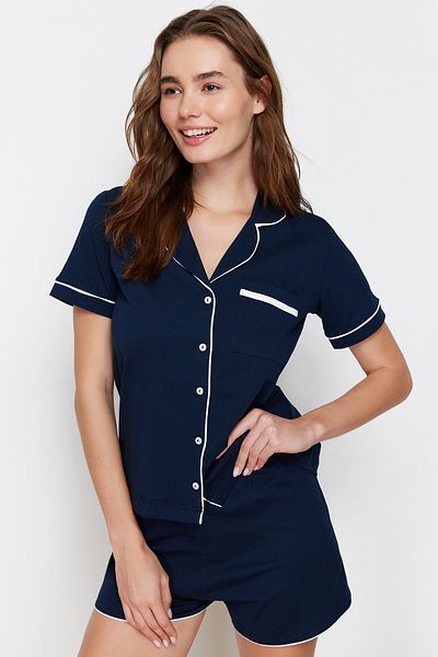Trendyol Collection 100% pamut sötétkék csövek részlet rövidnadrág pizsama szett - THMSS20PT0406