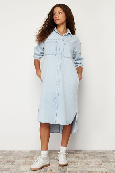 Trendyol Collection Modré džínové maxi košilové šaty TWOSS24EL00465