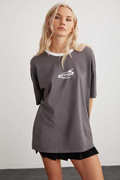 GRIMELANGE Lara Crew Neck Cotton Casual Anthracite T-shirt