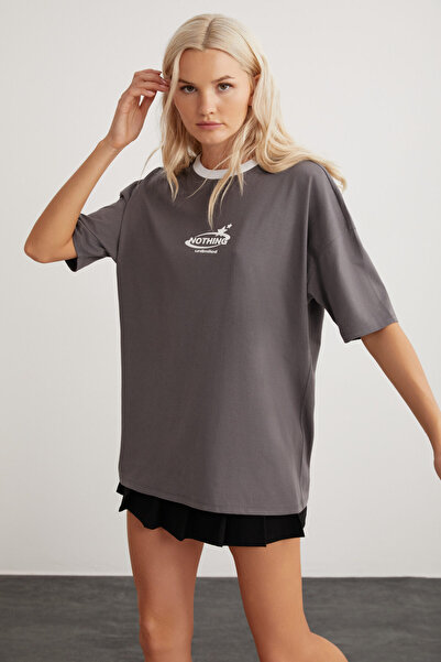 GRIMELANGE Lara Crew Neck Cotton Casual Anthracite T-shirt