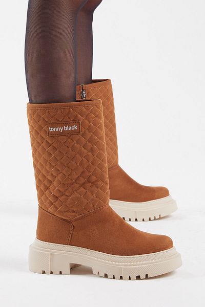 Tonny Black Bequeme lange Damenstiefel mit gestepptem Bodenmuster für Damen