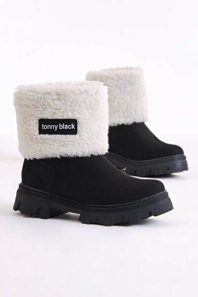 Tonny Black Dívčí černé semišové kozačky podšité kožešinou