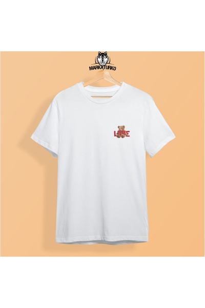 MarkaTurko Біла бавовняна футболка унісекс з принтом ведмедика Love, спеціальний дизайн 2705-b16