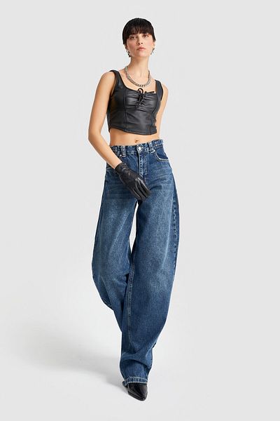 its basic Damen Jeans mit durchgehender Tönung aus Denim, verstellbarer Taillengürtel, superlang, locker geschnitten