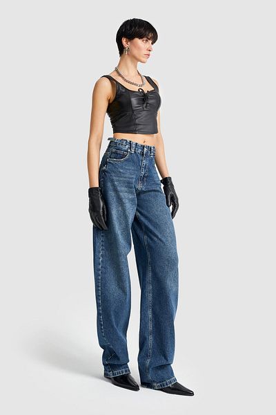 its basic Damen Jeans mit durchgehender Tönung aus Denim, verstellbarer Taillengürtel, superlang, locker geschnitten
