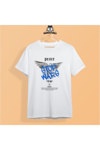 MarkaTurko Peace Stop Wars Надрукований білий спеціальний дизайн бавовняний трикотажний унісекс футболка 2705-b7