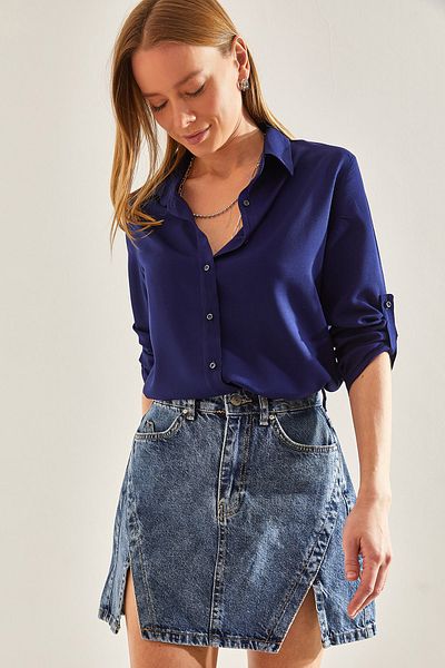Bianco Lucci Women's Sleeve Folded Basic Viscose Shirt