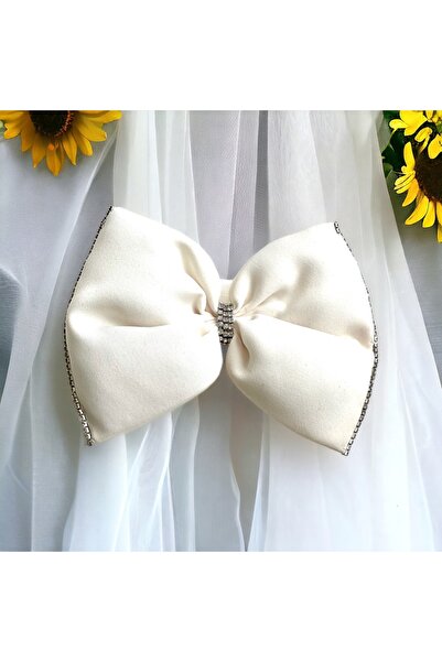 alsaccessories Țesătură creponată de culoare albă, cu margini și centru, cu piatră de zirconiu de culoare argintie, închidere crocodil, clemă de păr