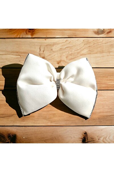 alsaccessories Țesătură creponată de culoare albă, cu margini și centru, cu piatră de zirconiu de culoare argintie, închidere crocodil, clemă de păr